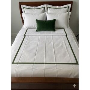 Look Linen Co Twin Banded Duvet Cover White Green Trim Cotton Portugal Luxury